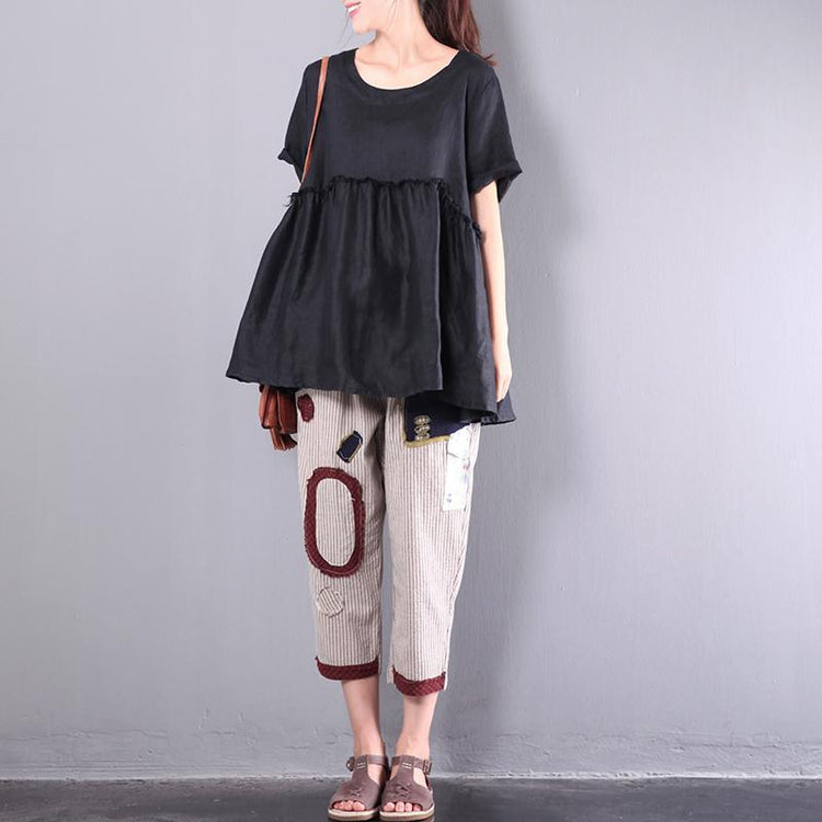black patchwork  linen pullover plus size wrinkled tops short sleeve t shirt - Omychic