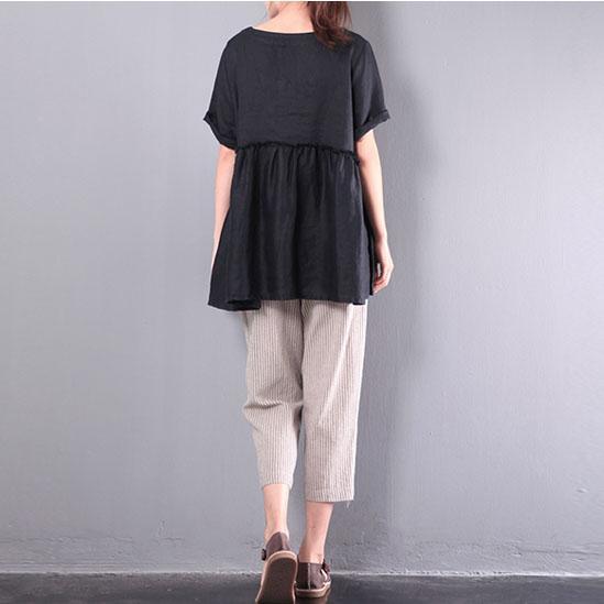 black patchwork  linen pullover plus size wrinkled tops short sleeve t shirt - Omychic