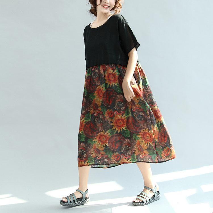 Black Patchwork Print Linen Dresses Oversize Casual Sundress Short Sleeve Maxi Dress - Omychic