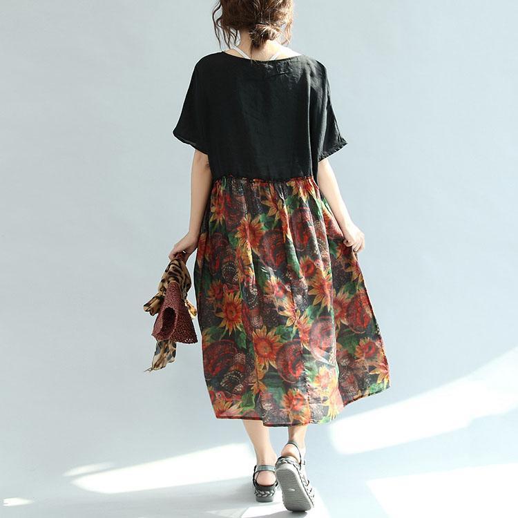 Black Patchwork Print Linen Dresses Oversize Casual Sundress Short Sleeve Maxi Dress - Omychic