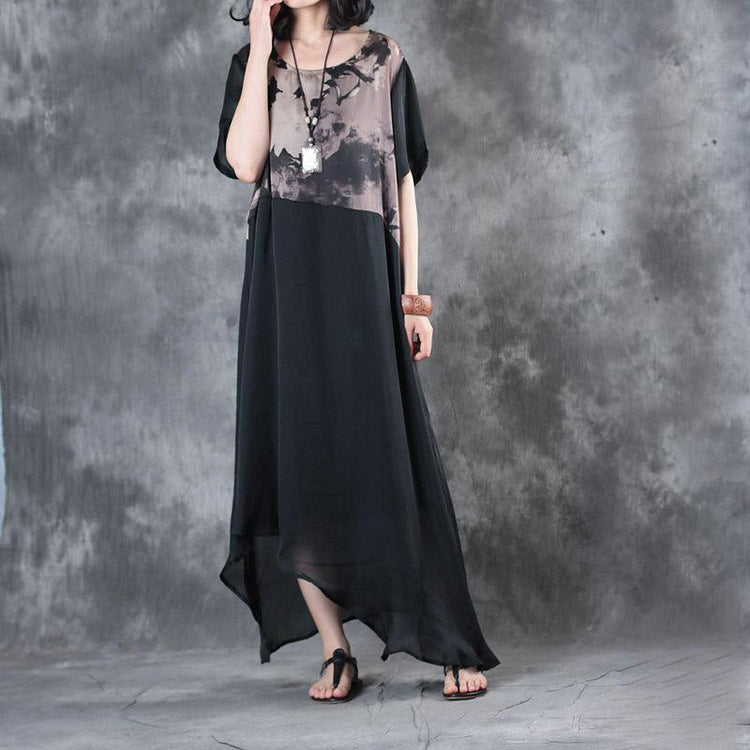 black patchwork prints silk cotton dresses plus size asymmetric sundress short sleeve draping maxi dress - Omychic