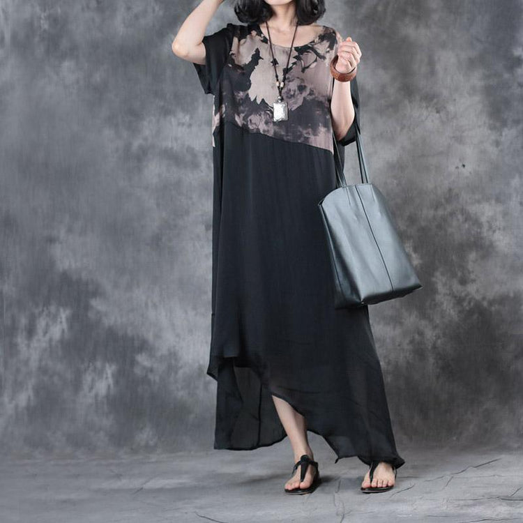 black patchwork prints silk cotton dresses plus size asymmetric sundress short sleeve draping maxi dress - Omychic