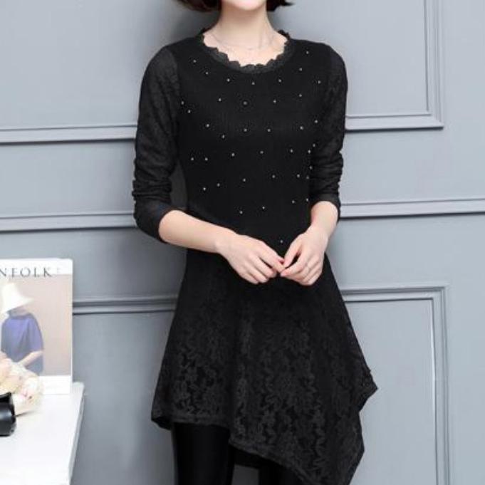 black plus size casual dresses slim false two pieces patchwork lace dresses - Omychic