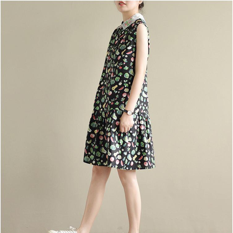 black print cute cotton dresses plus size casual sundress sleeveless mid dress - Omychic