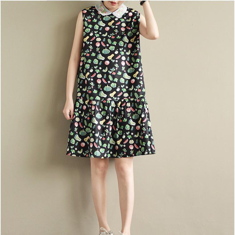 black print cute cotton dresses plus size casual sundress sleeveless mid dress - Omychic