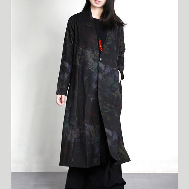 black prints cotton one breast winter coat oversize casual elegant long trench coats - Omychic