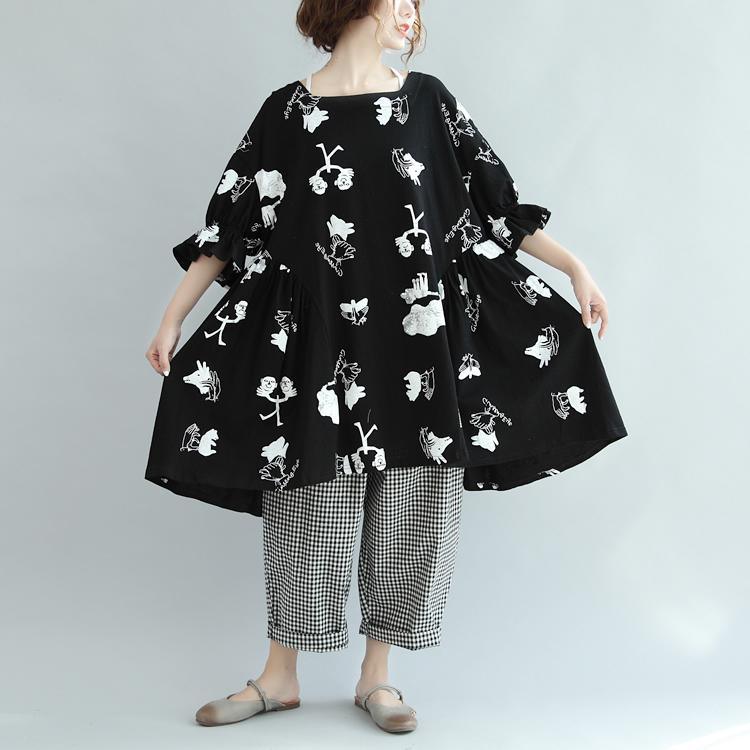 black prints cotton sundress plus size casual dresses lantern sleeve shift dress - Omychic