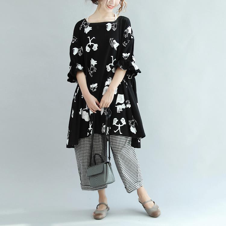 black prints cotton sundress plus size casual dresses lantern sleeve shift dress - Omychic