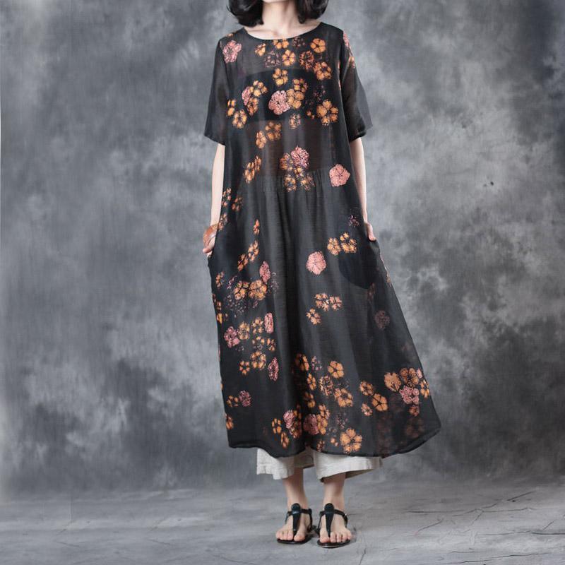 black prints summer silk linen dresses oversize stylish sundress short sleeve maxi dress - Omychic