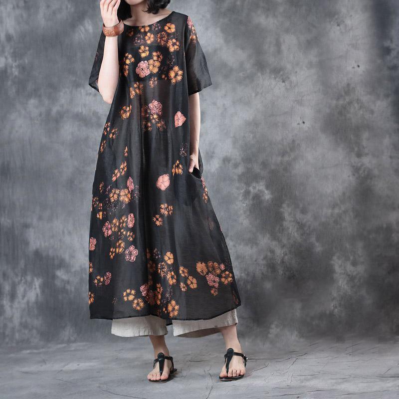 black prints summer silk linen dresses oversize stylish sundress short sleeve maxi dress - Omychic