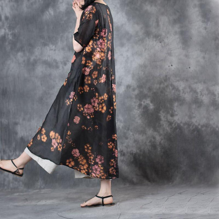 black prints summer silk linen dresses oversize stylish sundress short sleeve maxi dress - Omychic