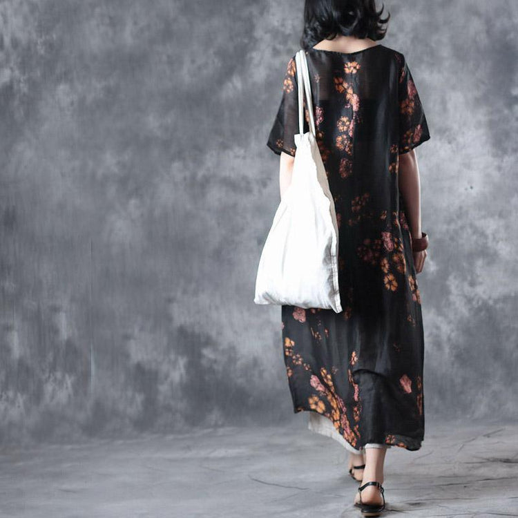 black prints summer silk linen dresses oversize stylish sundress short sleeve maxi dress - Omychic