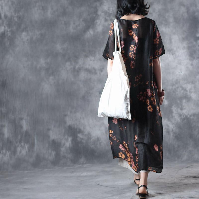 black prints summer silk linen dresses oversize stylish sundress short sleeve maxi dress - Omychic