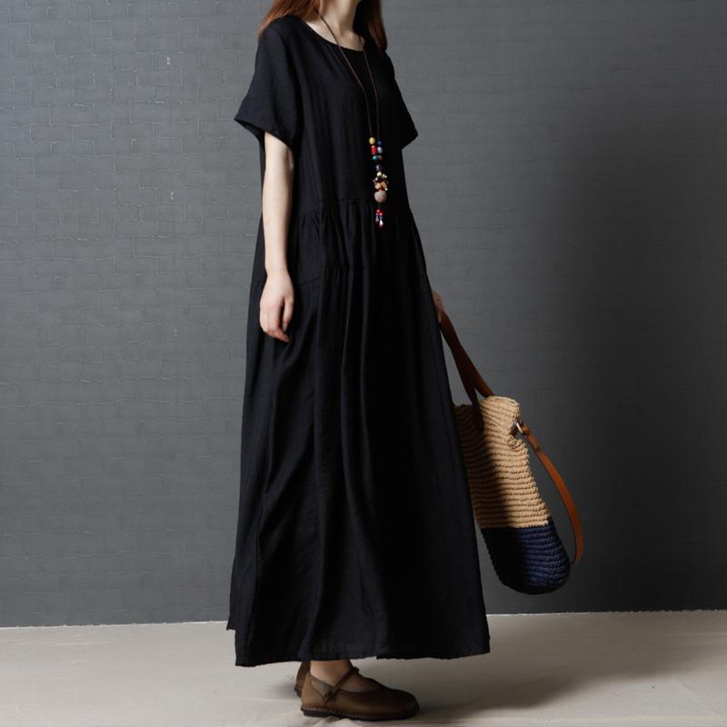 black solid vintage cotton dresses plus size silk sundress large hem short sleeve maxi dress - Omychic