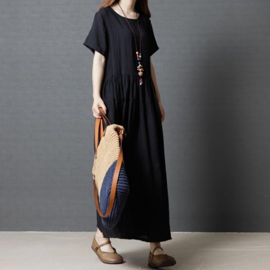 black solid vintage cotton dresses plus size silk sundress large hem short sleeve maxi dress - Omychic