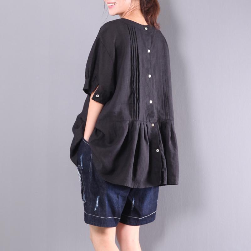 black sthlish patchwork linen blouse plus size ruffles tops o neck t shirt - Omychic