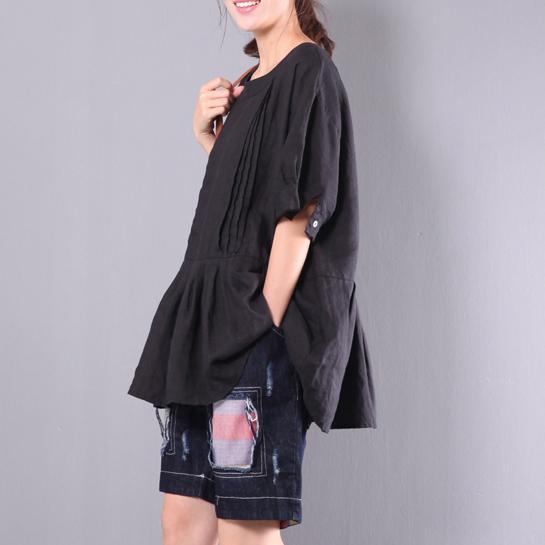 black sthlish patchwork linen blouse plus size ruffles tops o neck t shirt - Omychic