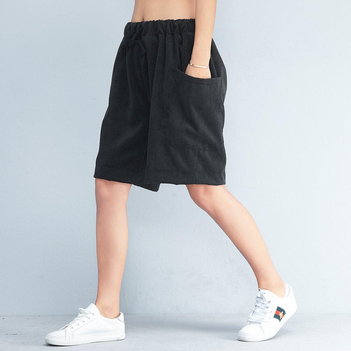 black striped casual cotton pants plus size  elastic waist shorts - Omychic