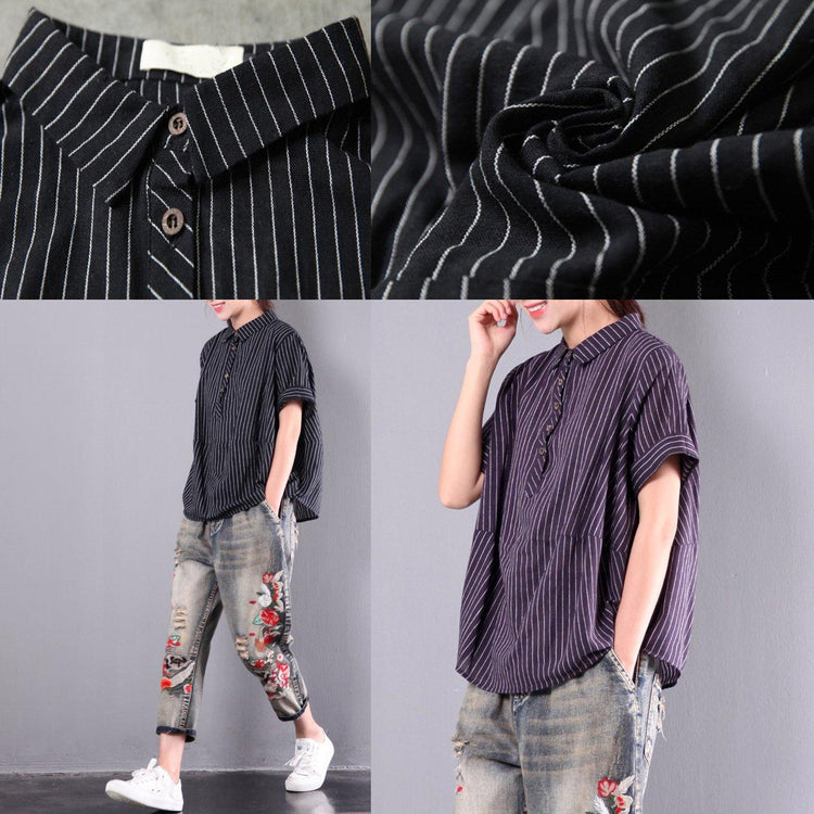 black striped cotton casual blouse plus size short sleeve t shirt - Omychic