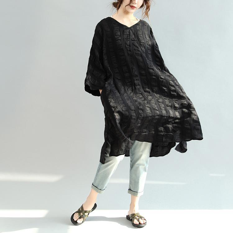 black stylish  linen a line dresses plus size casual shirt dress - Omychic