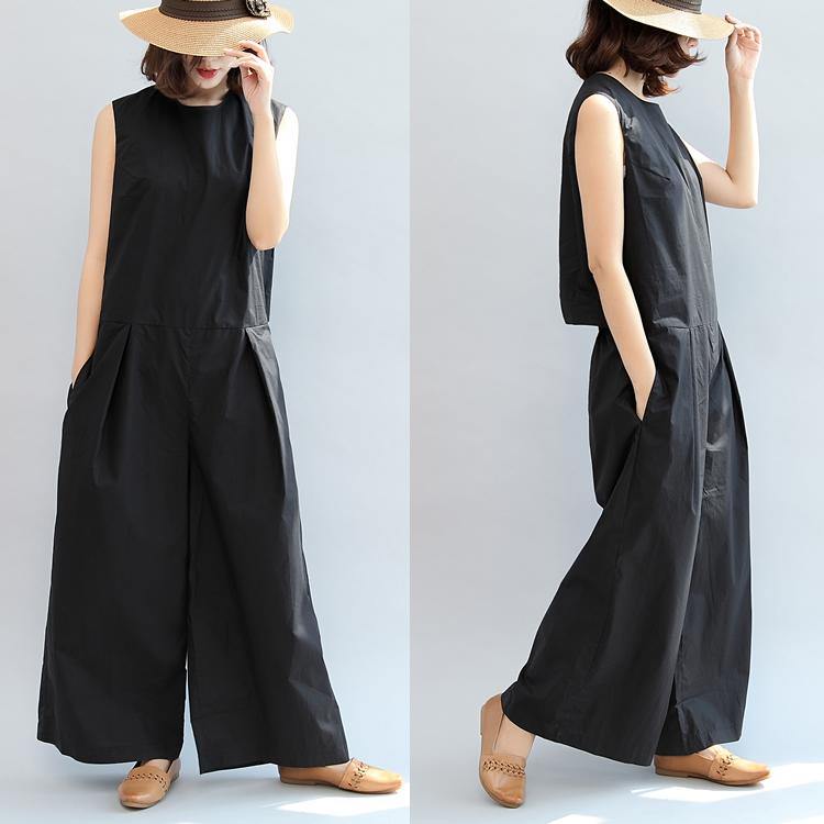 black stylish linen pants casual slim sleeveless tops and loose jumpsuit pants - Omychic
