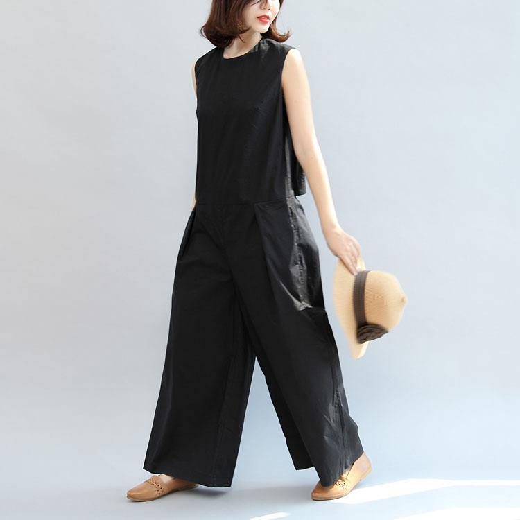 black stylish linen pants casual slim sleeveless tops and loose jumpsuit pants - Omychic