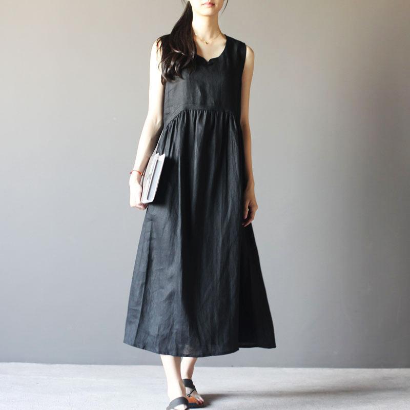 black summer dress linen sundress Retro maxi dresses - Omychic