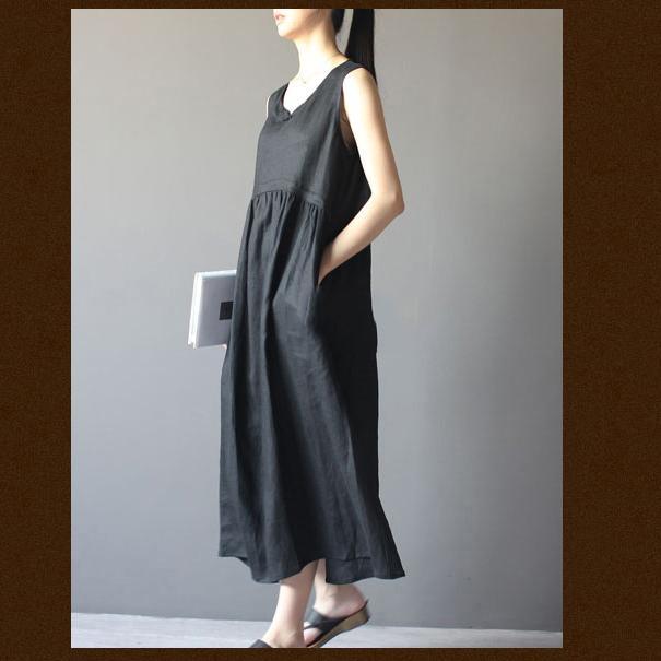 black summer dress linen sundress Retro maxi dresses - Omychic