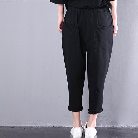 black summer harem pants cotton plus size drop pants elastic waist - Omychic