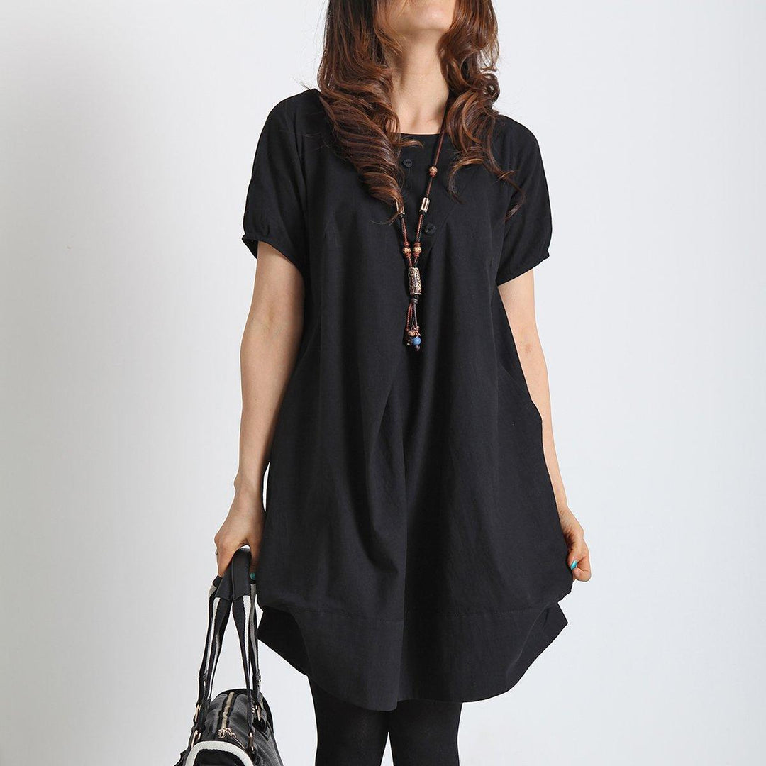 black summer linen dress plus size cotton shift dress - Omychic