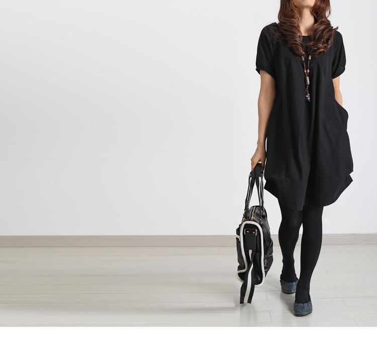 black summer linen dress plus size cotton shift dress - Omychic