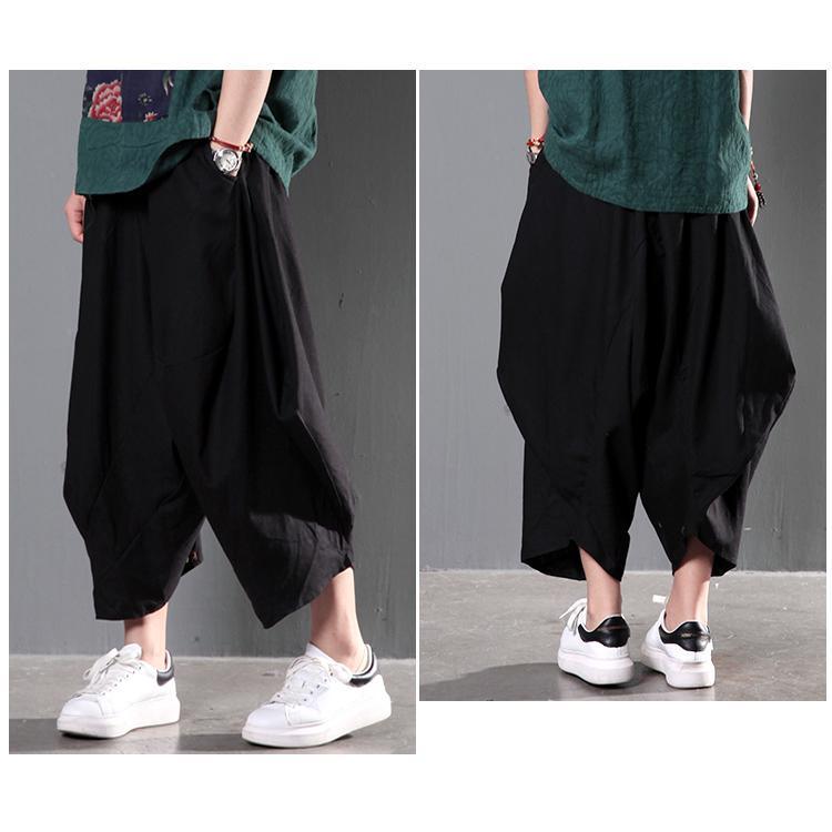 black unique asymmetric summer pants wide leg pants summer linen palazzo pants skirt - Omychic