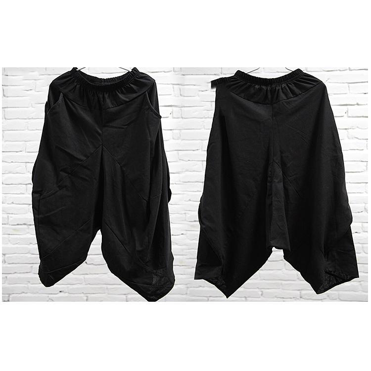 black unique asymmetric summer pants wide leg pants summer linen palazzo pants skirt - Omychic