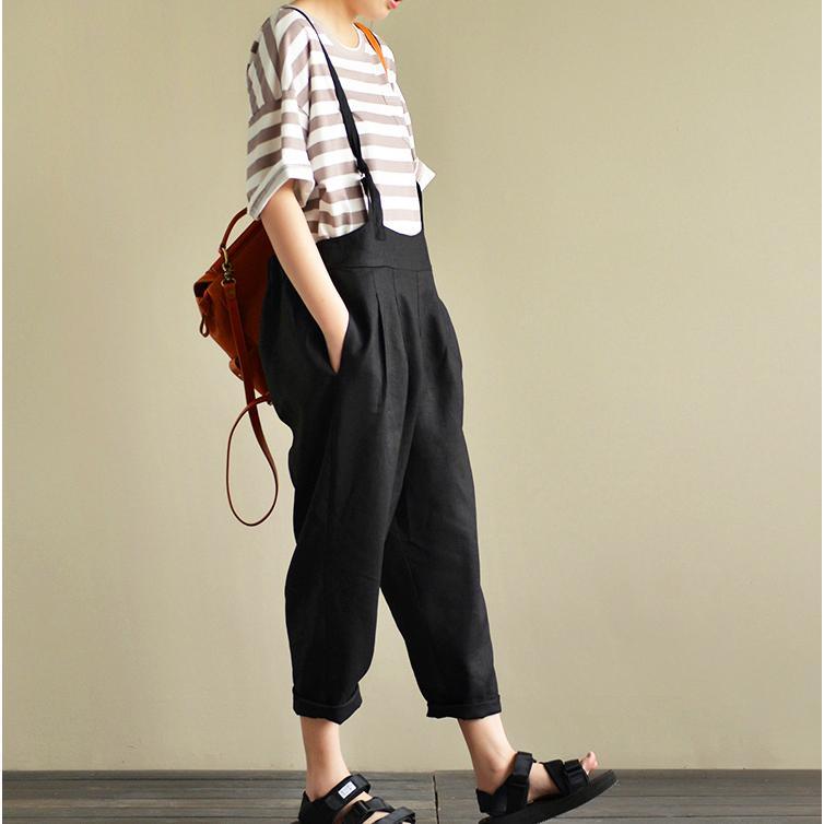 black unique casual linen crop pants oversize women jumpsuit pants - Omychic