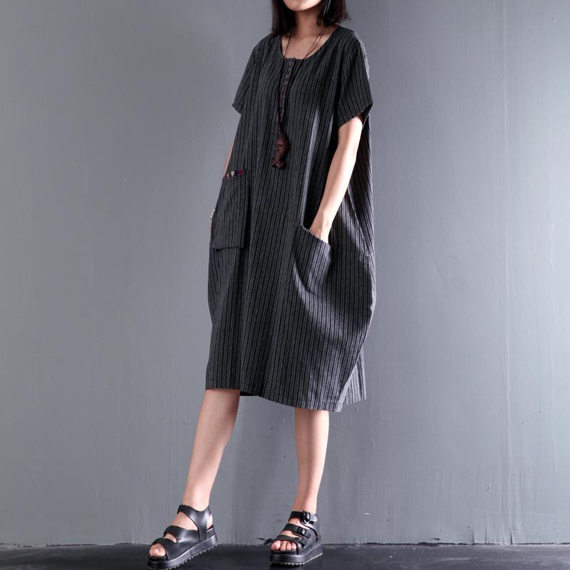 black unique strips cotton dress pocket casual dresses short sleeve sundress - Omychic