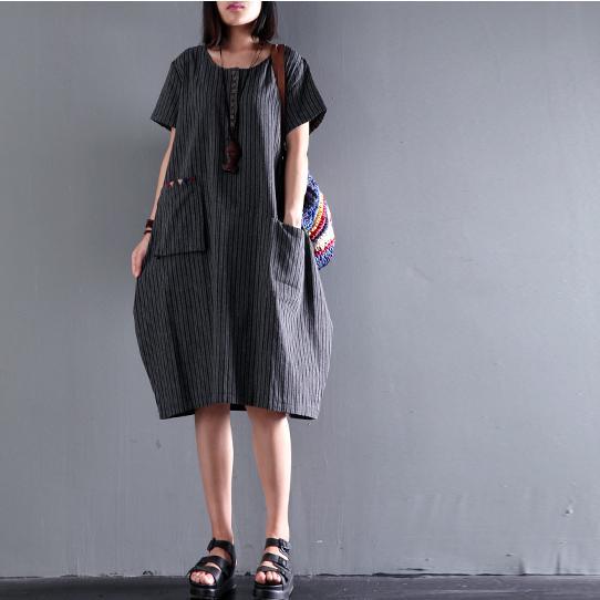 black unique strips cotton dress pocket casual dresses short sleeve sundress - Omychic