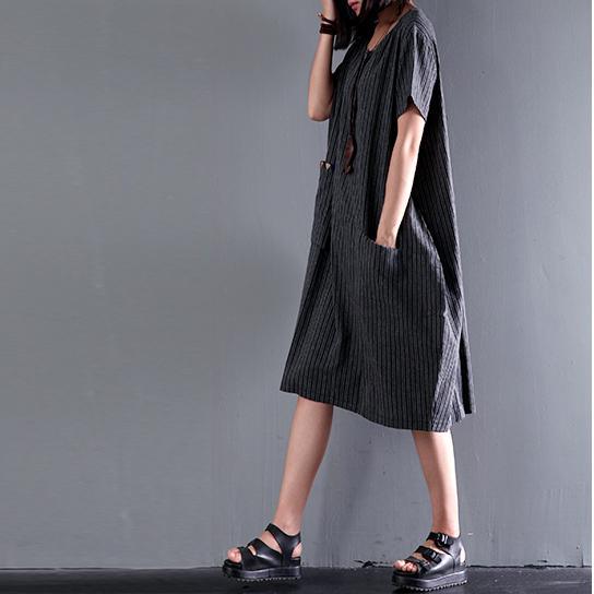 black unique strips cotton dress pocket casual dresses short sleeve sundress - Omychic