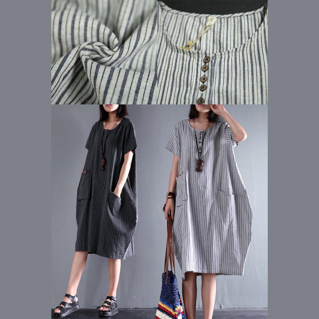 black unique strips cotton dress pocket casual dresses short sleeve sundress - Omychic