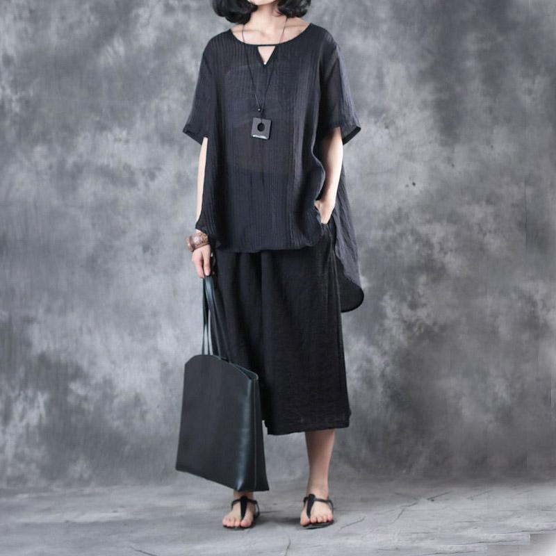 black vingage silk linen two pieces casual loose tops and crop wide leg pants - Omychic