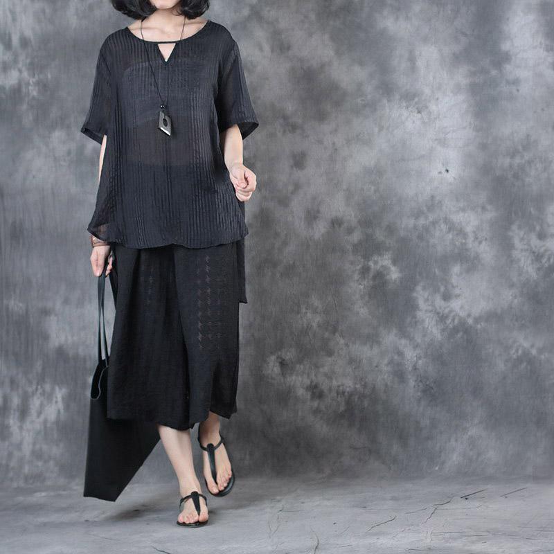 black vingage silk linen two pieces casual loose tops and crop wide leg pants - Omychic