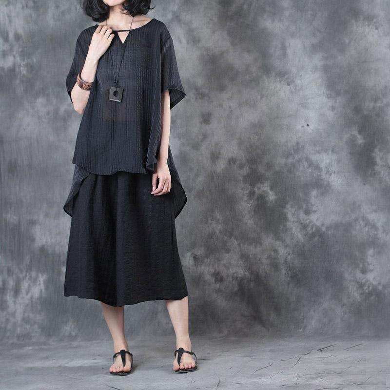 black vingage silk linen two pieces casual loose tops and crop wide leg pants - Omychic