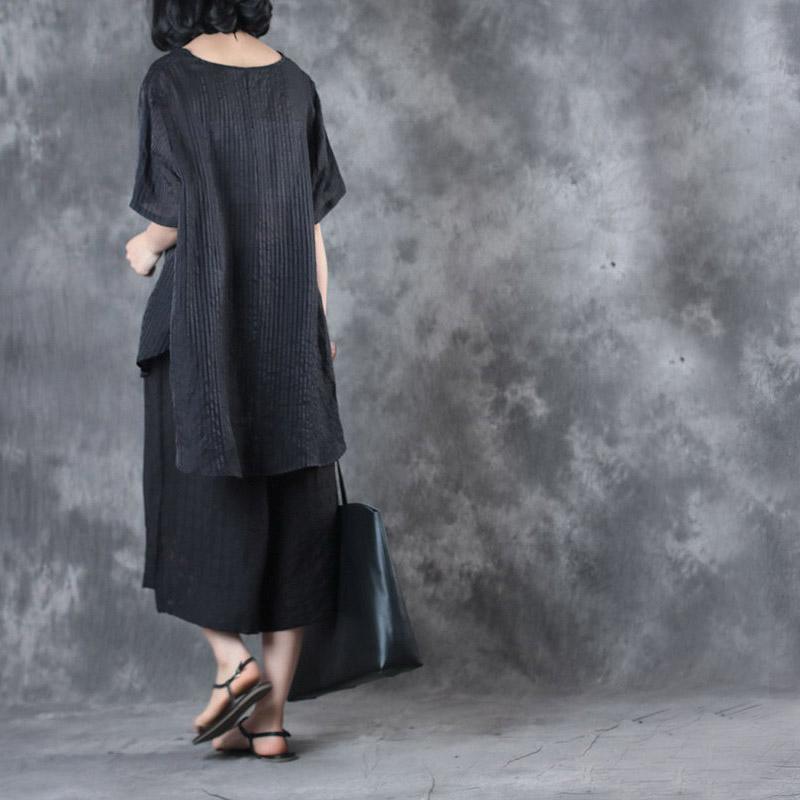 black vingage silk linen two pieces casual loose tops and crop wide leg pants - Omychic