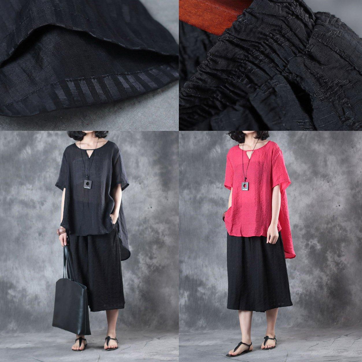 black vingage silk linen two pieces casual loose tops and crop wide leg pants - Omychic