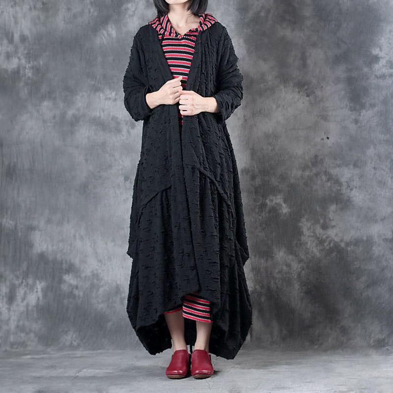black vintage loose knit trench coats plus size casual long fashion cardigans - Omychic