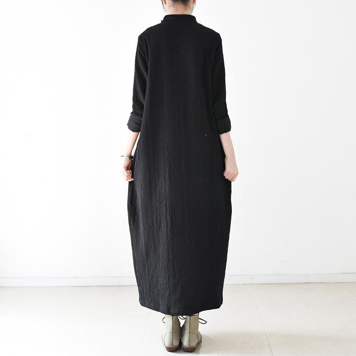 black warm thick linen dresses vintage  long oversized gown traveling dresses - Omychic