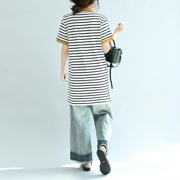 black white striped casual cotton tops embroidery loose sundresses short sleeve long t shirt - Omychic