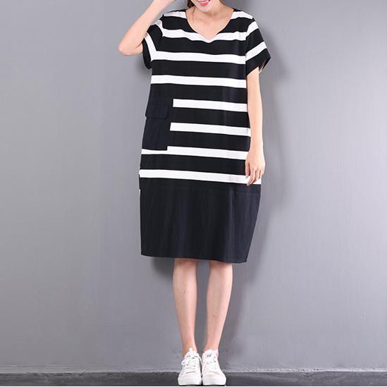 black white striped cotton dresses patchwork oversize sundress pockets short sleeve traveling dress - Omychic