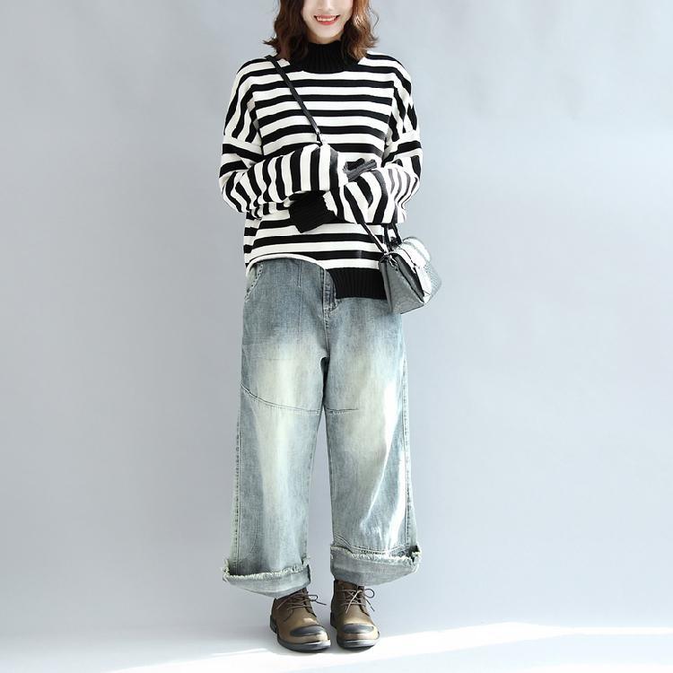 black white striped cotton knit tops plus size 2017 fall asymmetric design sweater - Omychic