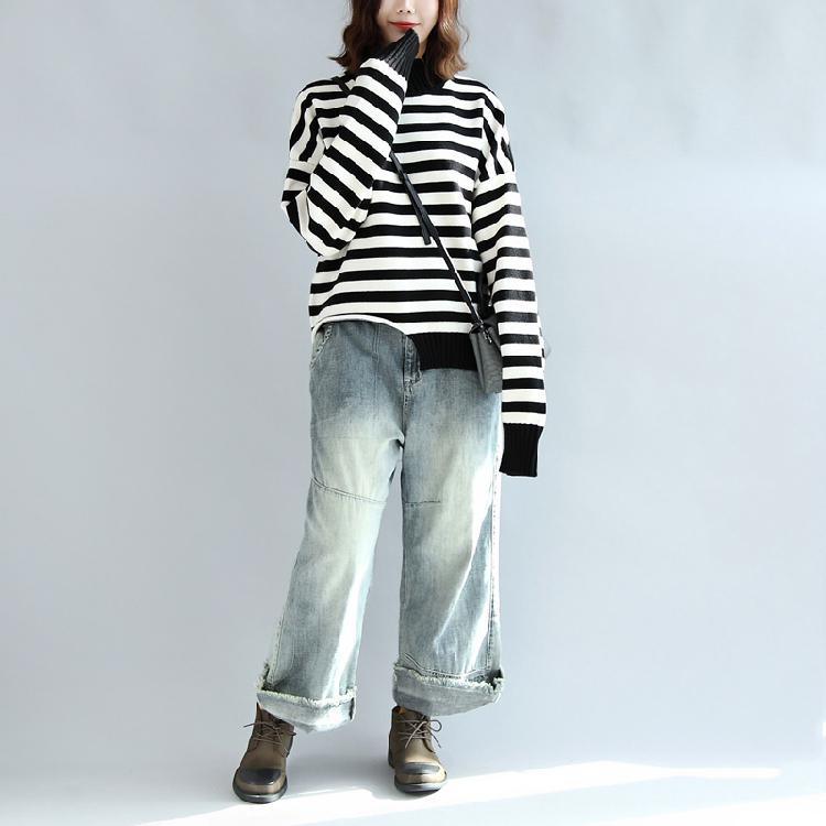 black white striped cotton knit tops plus size 2017 fall asymmetric design sweater - Omychic