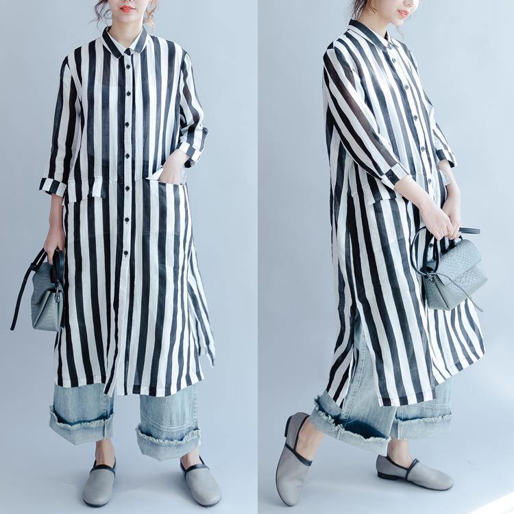 black white striped linen sundress casual loose shirt dresses bracelet sleeved maxi dress - Omychic